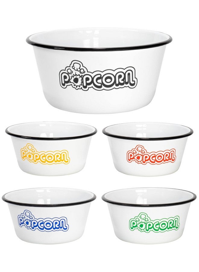 Red Co. Set of 5 White Enamelware Metal Classic 4 Quart and 1.2 Quart Popcorn Bowls, Assorted Color Prints/Black Rim - Image 1
