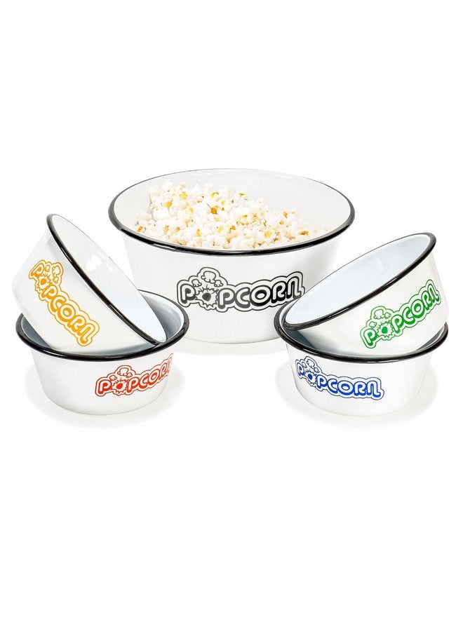 Red Co. Set of 5 White Enamelware Metal Classic 4 Quart and 1.2 Quart Popcorn Bowls, Assorted Color Prints/Black Rim - Image 4