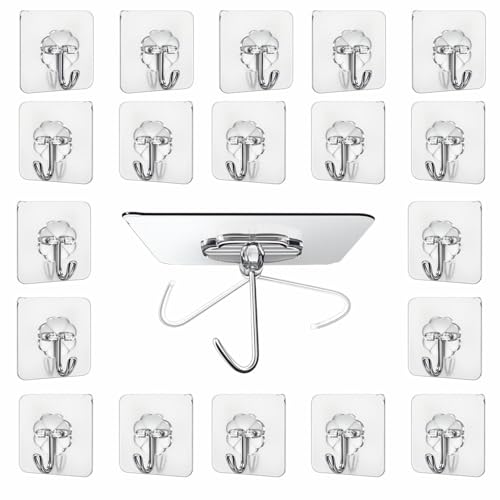 JIALTO Transparent Wall Hooks 20 Pcs- Heavy Duty Self Adhesive Hooks for Clothes, Keys, Towels- No Drill Wall Hangers for Bathroom, Kitchen, Bedroom Home Organizer - Image 1