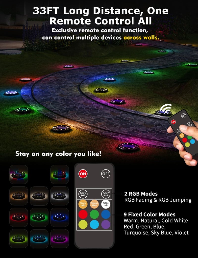 VIODAIM Color Changing Solar Ground Lights with 33ft Long Distance Remote Control - Flat Solar Lights Outdoor Waterproof - Pathway Lights Solar Powered for Yard Decorative Outside Lawn Walkway [12 Pack] - Image 2
