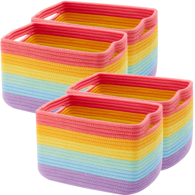 ENAORGAN Set of 4 Rainbow Rope Basket for Shelves Woven Rectangle Storage Basket Bins for Nursery Toy Storage for Baby Girl - Image 1
