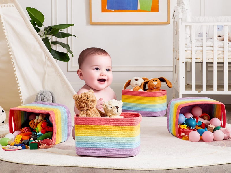 ENAORGAN Set of 4 Rainbow Rope Basket for Shelves Woven Rectangle Storage Basket Bins for Nursery Toy Storage for Baby Girl - Image 4