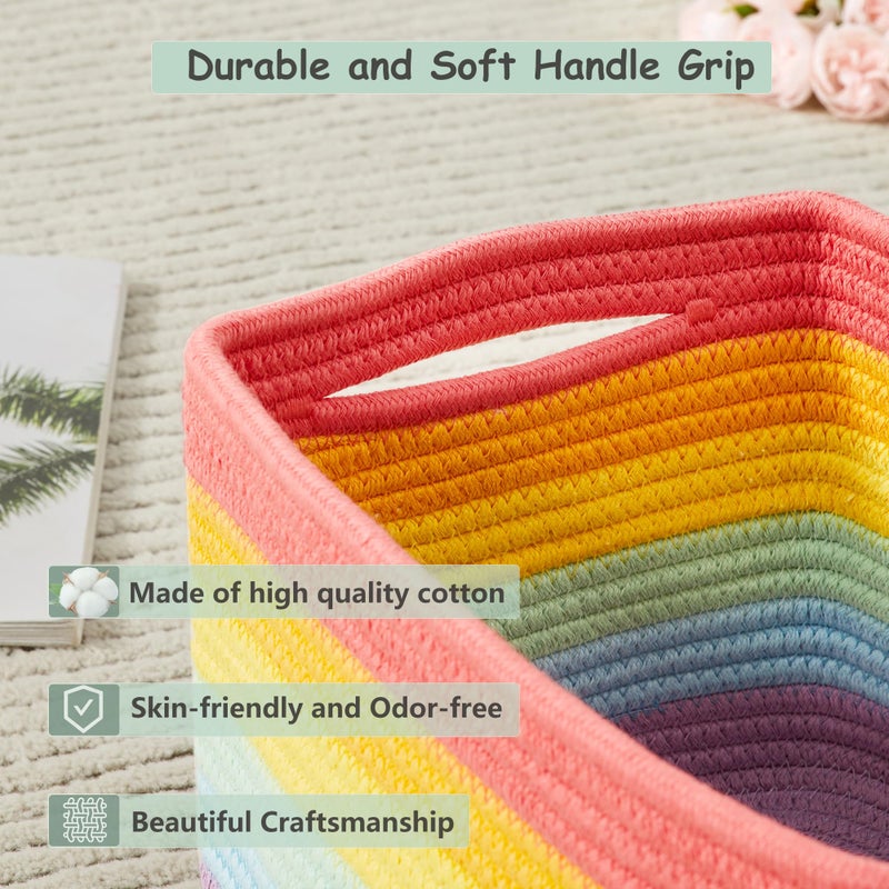 ENAORGAN Set of 4 Rainbow Rope Basket for Shelves Woven Rectangle Storage Basket Bins for Nursery Toy Storage for Baby Girl - Image 3