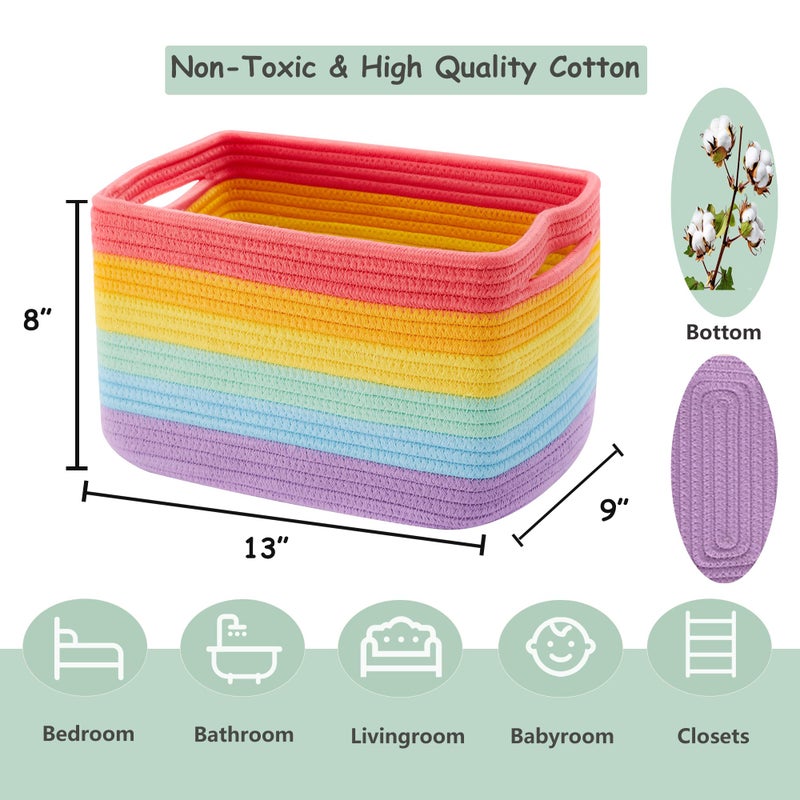ENAORGAN Set of 4 Rainbow Rope Basket for Shelves Woven Rectangle Storage Basket Bins for Nursery Toy Storage for Baby Girl - Image 5