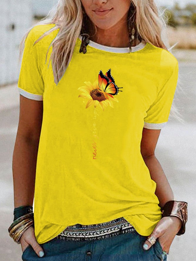 Wish Butterfly Sunflower Pattern Printed Contrast Short Sleeve T-Shirt - Image 1