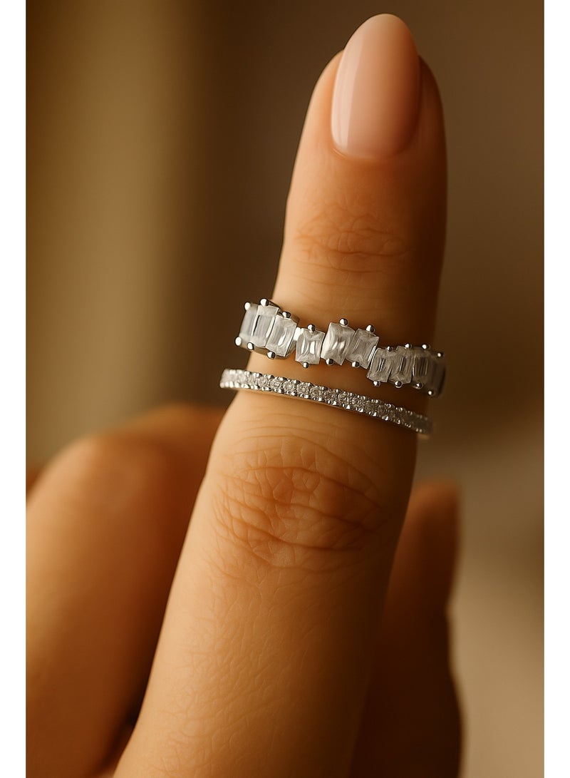 ثري دايموندز خاتم فضي مزدوج مطلي بلاتين وروديوم – فصوص زيركون مربعة ودائرية، تصميم فاخر وعصري - Image 5