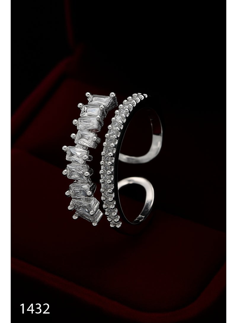 ثري دايموندز خاتم فضي مزدوج مطلي بلاتين وروديوم – فصوص زيركون مربعة ودائرية، تصميم فاخر وعصري - Image 2