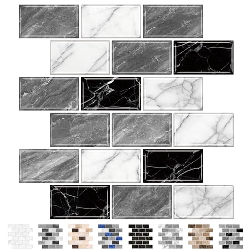 URCOLOR 10Sheet Peel and Stick Backsplash Tile Sticker for Kitchen12x12 Self Adhesive Subway Wall Tiles Stick on Back Splashes for Bathroom White Gray Black White Marble Design - Image 1