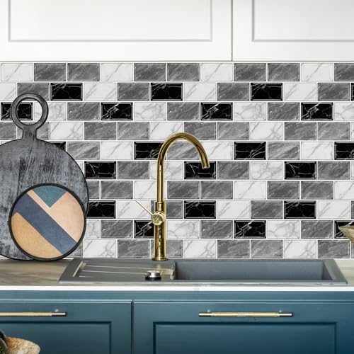 URCOLOR 10Sheet Peel and Stick Backsplash Tile Sticker for Kitchen12x12 Self Adhesive Subway Wall Tiles Stick on Back Splashes for Bathroom White Gray Black White Marble Design - Image 3