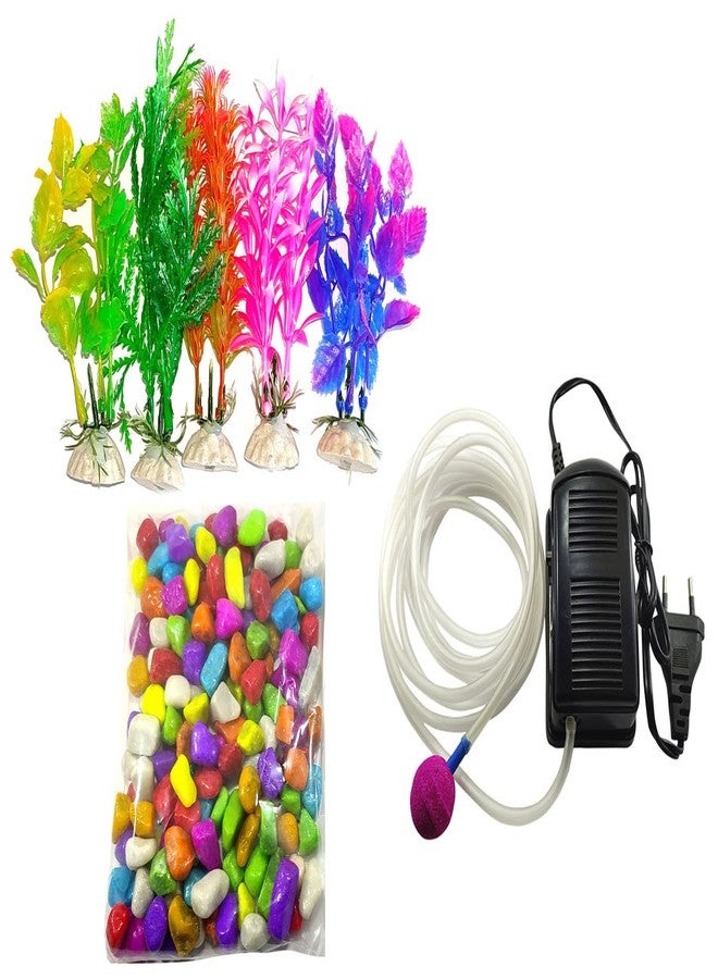 One Top Zogdla One Top Aquarium Decoration Combo Kit for Fish Tank Bowl Decor Multi Pack - Air Pump, Tubing, Stone, Plant 5 Nos (Multi Color Stones 1 Kg) - Image 1