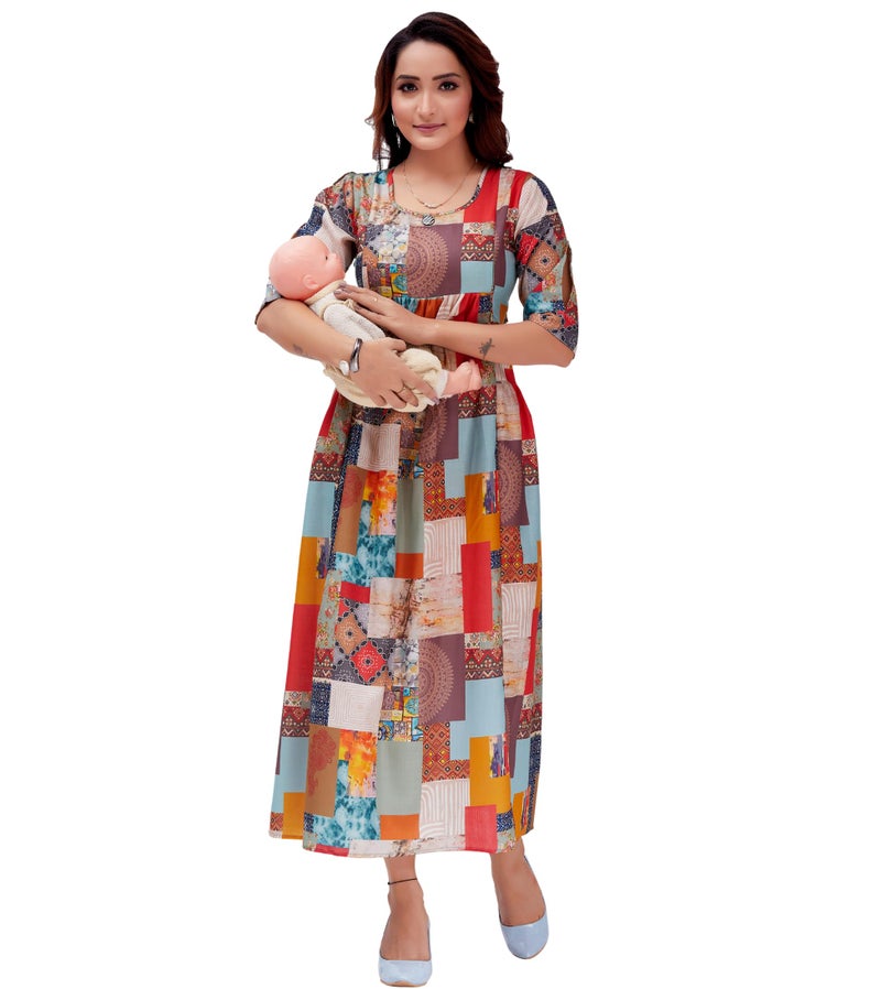 RITIJYA Feeding Kurtis for Women with Zip | Maternity Gown Pregnancy Dress for Nursing Mothers | Viscose Rayon Relaxed Fit | Maternity Wear Feeding Dress Tops (3XL, Multi Colour, 9016_46M) - Image 1