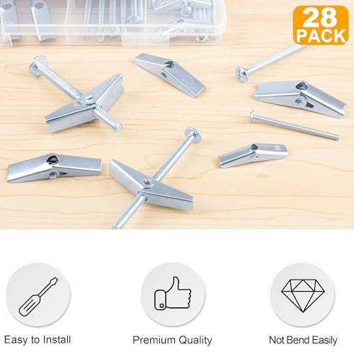 KURUI Heavy Duty Hollow Wall Anchors for Drywall Ceiling, Toggle Bolts and Wing Nut Kit, 28Pcs Metal Drywall Anchors and Screws Assortment Set, 3 Sizes Butterfly Anchors for Hanging 1/8, 3/16, 1/4 - Image 2