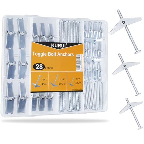 KURUI Heavy Duty Hollow Wall Anchors for Drywall Ceiling, Toggle Bolts and Wing Nut Kit, 28Pcs Metal Drywall Anchors and Screws Assortment Set, 3 Sizes Butterfly Anchors for Hanging 1/8, 3/16, 1/4 - Image 1