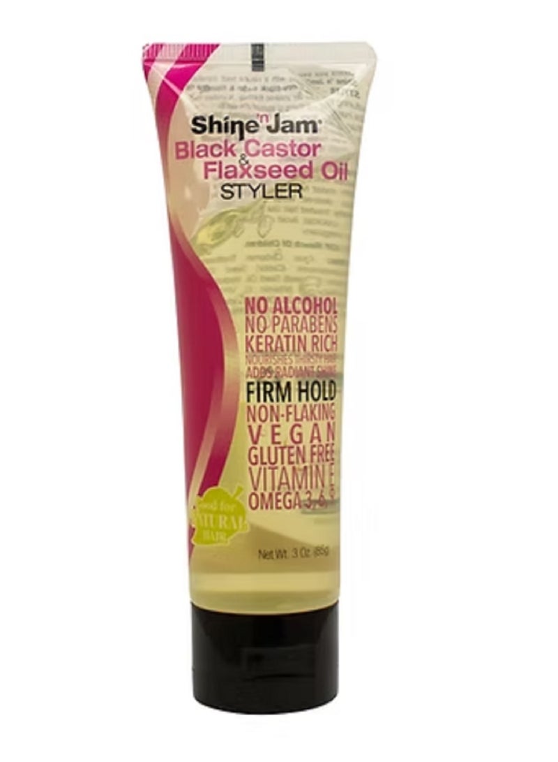 Shine N Jam Black Castor & Flaxseed Oil Styler, #Dare2Shine with our DIY inspired formula which nourishes hair with Jamaican Black Castor Oil, Flaxseed Oil, and Vitamin E while adding manageability and shine. Keratin Protein and Omega 3, 6 and 9 provide strength to all hair textures and a firm hold for natural styling versatility.  Vegan formular   Free of alcohol and parabens  Vitamin E Cruelty Free Keratin Rich USP Kosher Glycerin Silicone Free Ampro Shine N Jam Black Castor & Flaxseed Oil Styler 3oz