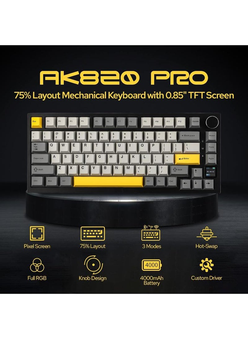 A-jazz AK820 Pro 75% Mechanical Keyboard, Gasket-Mounted Keyboard with TFT Smart Display&Knob, Bluetooth 5.1/2.4G Wireless/Type-C Wired Custom (Grey, Ajazz Flying Fish Switch) - Image 2