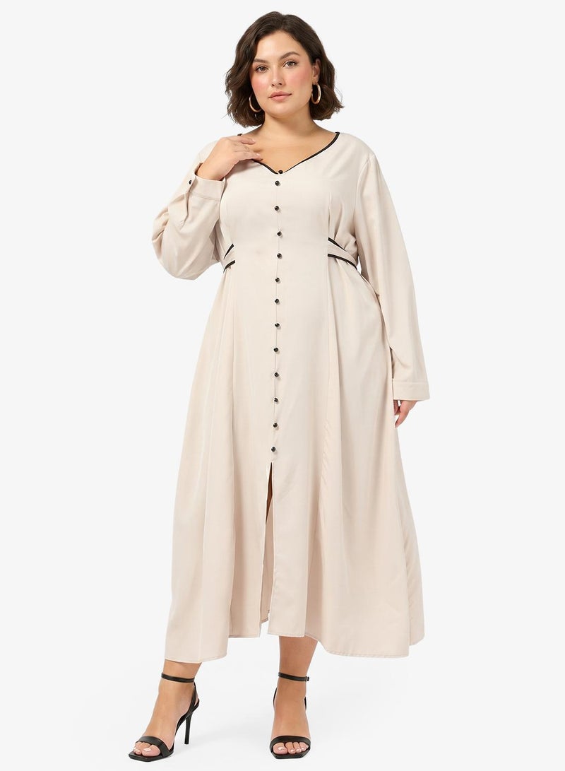 Ginger Plus Contrast Trim Button Detail A Line Dress - Image 1