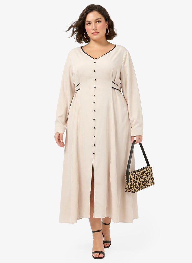 Ginger Plus Contrast Trim Button Detail A Line Dress - Image 4