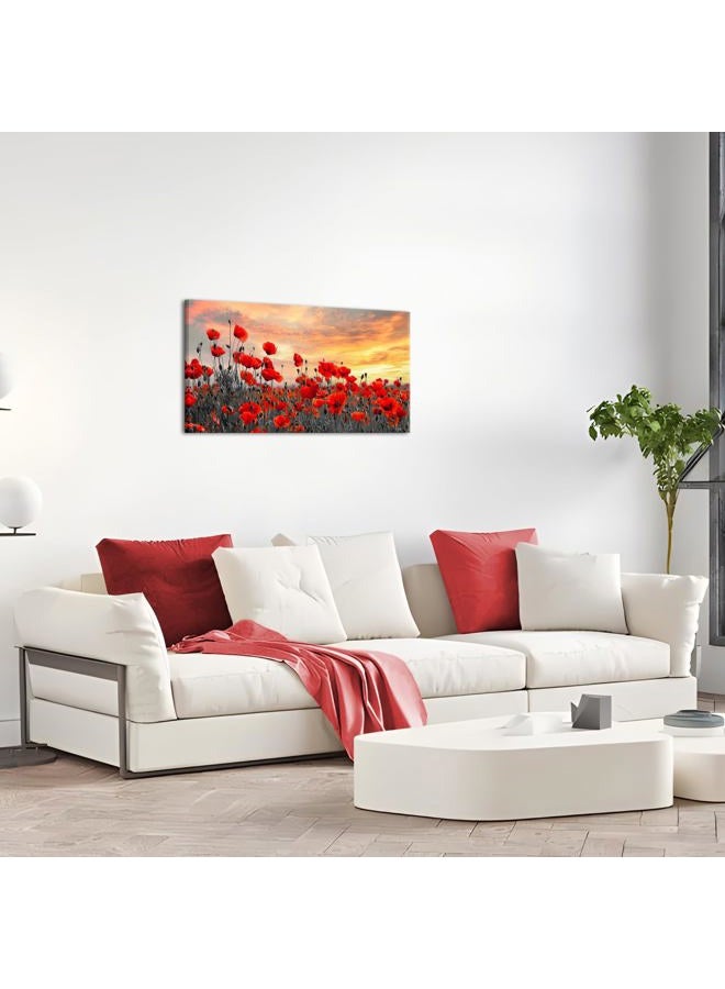 NutArtPic Red Poppy Flower Canvas Wall Art Red Floral Pictures Wall Decor Nature Floral Painting Sunset Picture Prints Framed 20''X40'' - Image 3