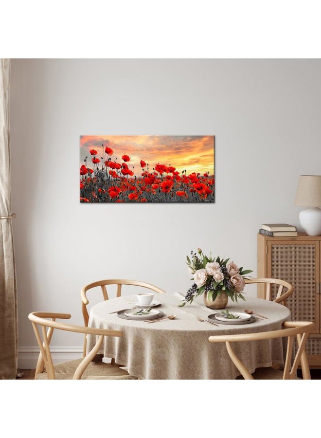 NutArtPic Red Poppy Flower Canvas Wall Art Red Floral Pictures Wall Decor Nature Floral Painting Sunset Picture Prints Framed 20''X40'' - Image 2