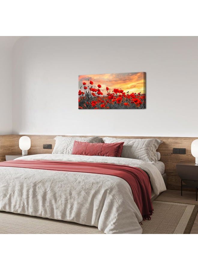 NutArtPic Red Poppy Flower Canvas Wall Art Red Floral Pictures Wall Decor Nature Floral Painting Sunset Picture Prints Framed 20''X40'' - Image 5