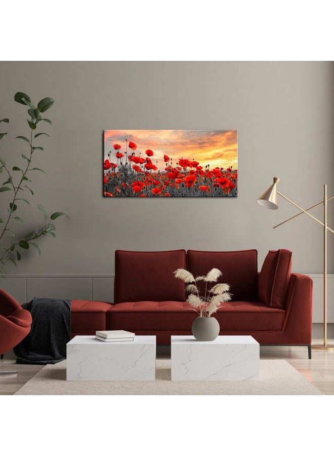 NutArtPic Red Poppy Flower Canvas Wall Art Red Floral Pictures Wall Decor Nature Floral Painting Sunset Picture Prints Framed 20''X40'' - Image 4