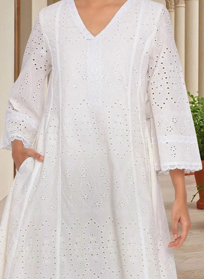 ISHIN Women's Off White 100% Cotton Embroidered Tunic Full Length Palazzo Straight Fit Kurta Set