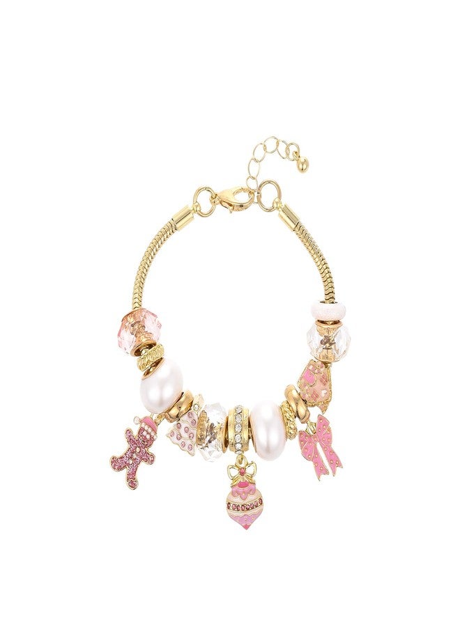 Madison Tyler Christmas Bracelet for Women | Gold Plated Xmas Adjustable Snake Chain Bracelet | Christmas Pink Gingerbread Man Bow Beaded Charm Bracelet Holiday Jewelry Gift - Image 1