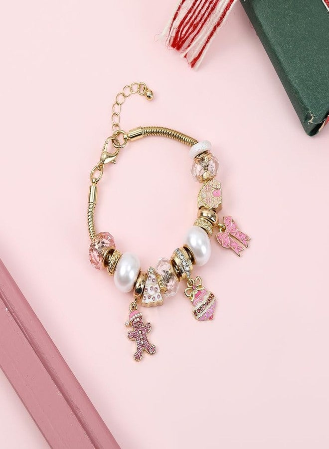 Madison Tyler Christmas Bracelet for Women | Gold Plated Xmas Adjustable Snake Chain Bracelet | Christmas Pink Gingerbread Man Bow Beaded Charm Bracelet Holiday Jewelry Gift - Image 5