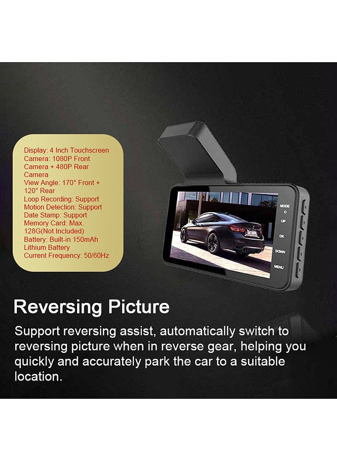 1080P DVR Dash Camera 4 بوصة مسجل قيادة السيارة Dashcam 170 درجة زاوية واسعة مع دعم شاشة تعمل باللمس للرؤية الليلية حلقة تسجيل كشف الحركة عكس الصورة
