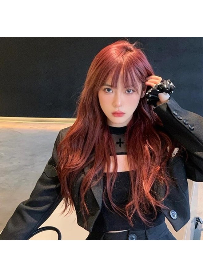 Loquat Chengming Womens Fashionable Grey-purple Wave Hair Wig Full Head Cover Long Curly Hair 2023 Summer Trend Rose red 60cm