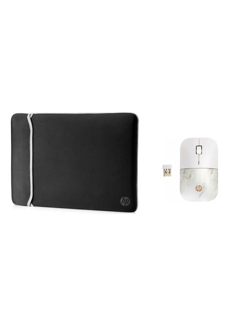HP 2x1 Sleeve & Wireless Mouse Combo For Laptop, Includes 1pcs 14-Inch Reversible Neoprene (Black & Silver) and 1pcs Z3700 Wireless Mouse (Copper Marble) - Image 1