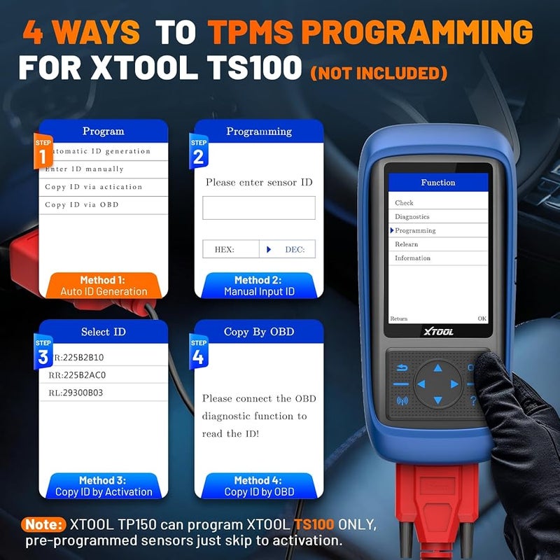 أداة اكس  اكس تول اداة برمجة TP150 TPMS، اداة اعادة تعلم نظام مراقبة ضغط الاطارات 2026، تنشيط/اعادة تعلم/تشخيص جميع مستشعرات TPMS المعروفة، مستشعرات TS100 من اكس تول (315/433MHz)، اداة اعادة ضبط TPMS مبرمج | Activate/Reset/Diagnosis All Known TPMS Sensors, Program XTOOL TS100 Sensors (315/433MHz), TPMS Reset Tool TPMS Programmer - Image 3
