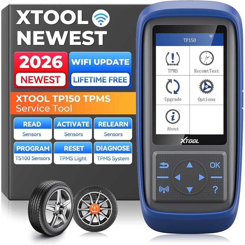 أداة اكس  اكس تول اداة برمجة TP150 TPMS، اداة اعادة تعلم نظام مراقبة ضغط الاطارات 2026، تنشيط/اعادة تعلم/تشخيص جميع مستشعرات TPMS المعروفة، مستشعرات TS100 من اكس تول (315/433MHz)، اداة اعادة ضبط TPMS مبرمج | Activate/Reset/Diagnosis All Known TPMS Sensors, Program XTOOL TS100 Sensors (315/433MHz), TPMS Reset Tool TPMS Programmer - Image 1