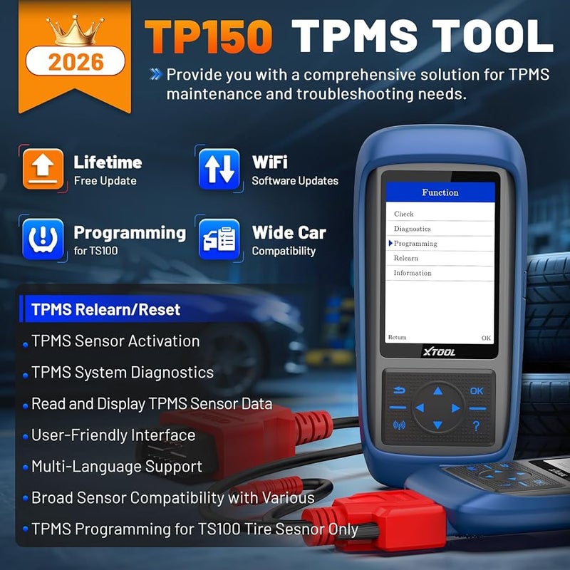 أداة اكس  اكس تول اداة برمجة TP150 TPMS، اداة اعادة تعلم نظام مراقبة ضغط الاطارات 2026، تنشيط/اعادة تعلم/تشخيص جميع مستشعرات TPMS المعروفة، مستشعرات TS100 من اكس تول (315/433MHz)، اداة اعادة ضبط TPMS مبرمج | Activate/Reset/Diagnosis All Known TPMS Sensors, Program XTOOL TS100 Sensors (315/433MHz), TPMS Reset Tool TPMS Programmer - Image 2