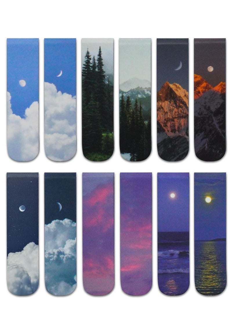 MJZ 12pcs Magnetic Bookmarks, Magnet Page Markers Landscape Pattern Assorted Magnetic Page Clips Book Markers for Students Teachers Book Lovers Fun Book Marks Book Club Library - Image 1