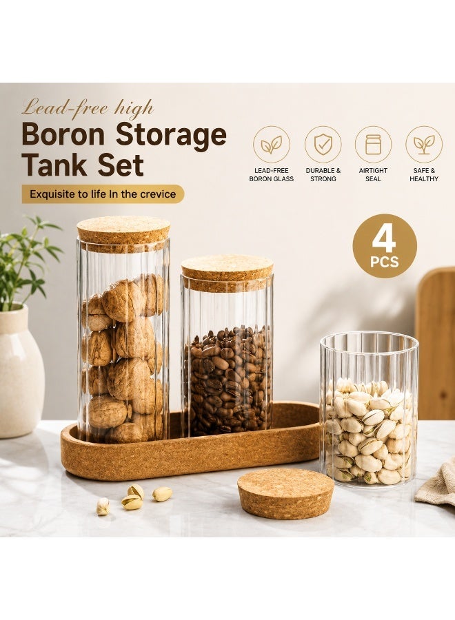 4-Piece Ribbed Glass Storage Jar Set with Bamboo Lids & Wooden Tray | Airtight Kitchen Storage Containers for Coffee, Sugar, Tea, Spices, Snacks & Dry Food | Clear Glass Canister Set