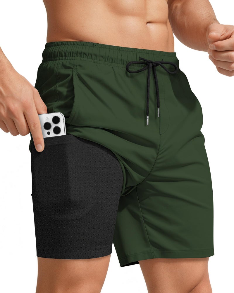 Yufawow 7 Inch 7in Men Swim Trunks Compression Liner Quick Dry Drawstring Male Swimwear Swimsuit Swimtrunks Boardshorts Bathing Suit Fair Beach Water Shorts Zipper Mesh Pocket Lined Inseam Harbor Olive Green - Image 1