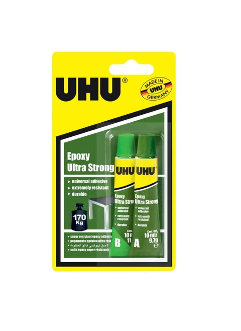 UHU EPOXY ULTRA STRONG Adhesive, Universal and High Final Strength, 2 Component Epoxy Resin Repair Glue, 2 Tubes x 10 ml