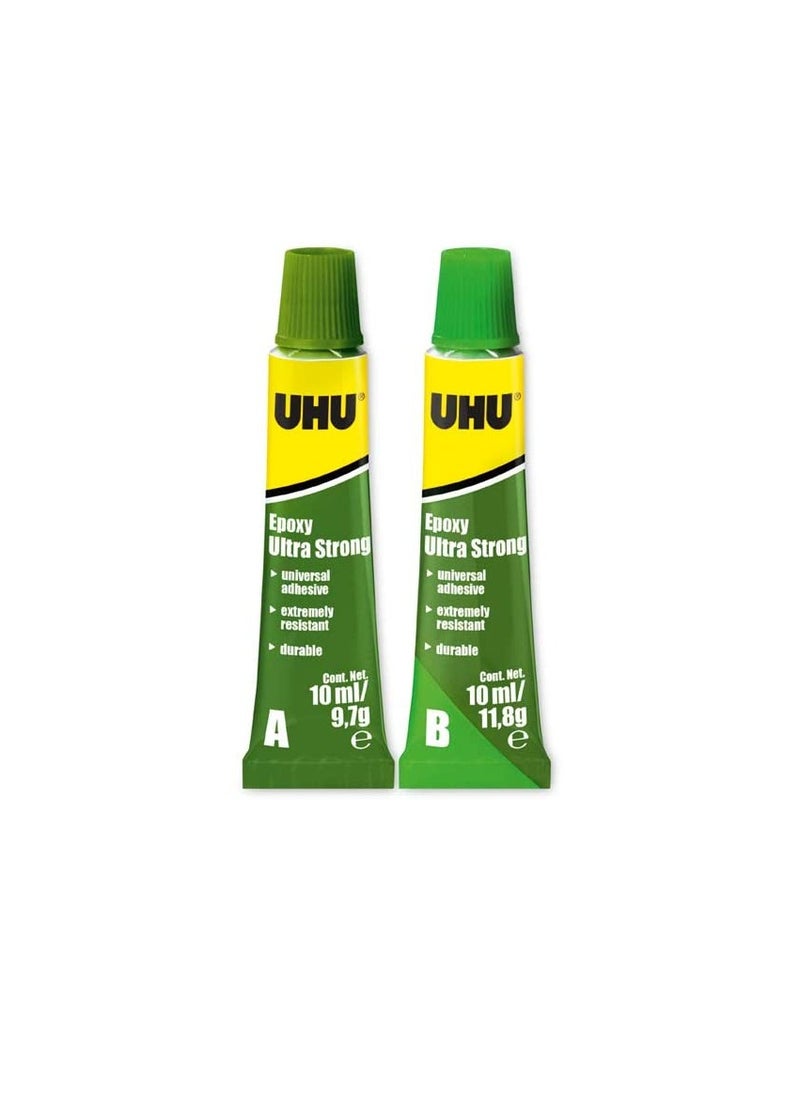 UHU - UHU EPOXY ULTRA STRONG Adhesive, Universal and High Final Strength, 2 Component Epoxy Resin Repair Glue, 2 Tubes x 10 ml - Image 1