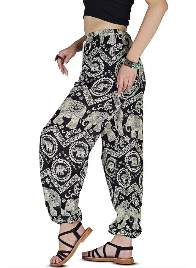 Your Cozy Harem Pants Womens Plus Bohemian Yoga Elephant Beach Casual Printed Drawstring Trousers (Black2 S) - Image 3