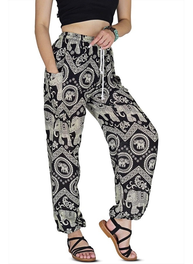 Your Cozy Harem Pants Womens Plus Bohemian Yoga Elephant Beach Casual Printed Drawstring Trousers (Black2 S) - Image 1