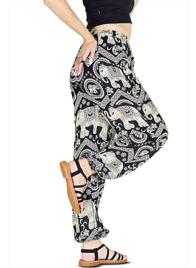 Your Cozy Harem Pants Womens Plus Bohemian Yoga Elephant Beach Casual Printed Drawstring Trousers (Black2 S) - Image 2