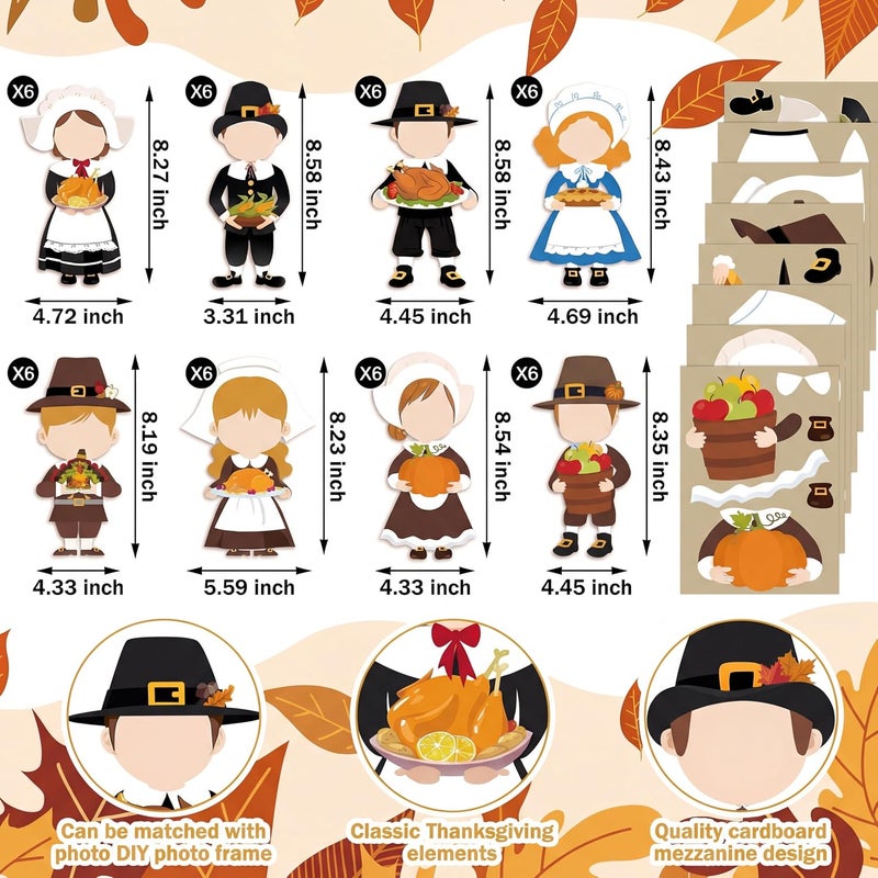 كونكلاي Qunclay 48 Sets Thanksgiving Pilgrim Boy and Girl Picture Frame Crafts Thanksgiving DIY Picture Frame Craft Kits Make Your Own Photo Frame Kit Ornaments for Party Supplies Gift Home Activities Decor - Image 3