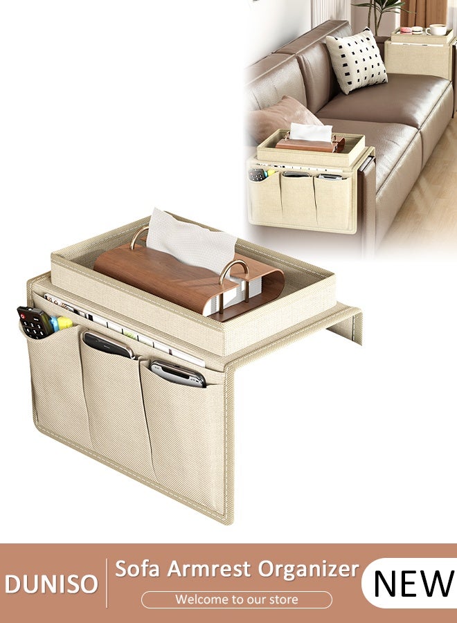 DUNISO Sofa Armrest Organizer With A Top Tray Chair Arm TV Remote Holder for Recliner Couch Armchair Caddy Bedside Storage Pockets Bag for Cellphone Tablet Book Magazines  Holder Pouch - Image 1