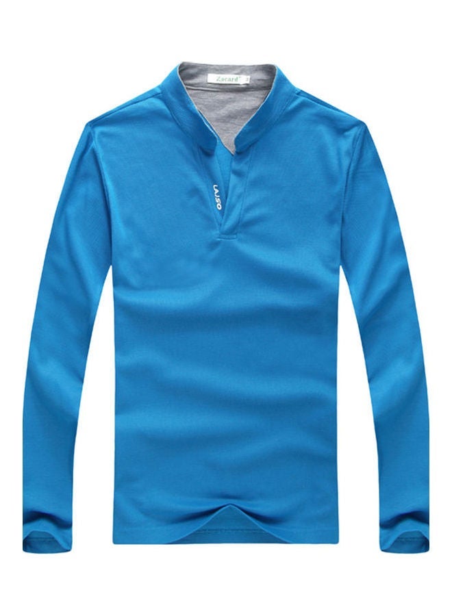 NIBEMINENT Male Stand Collar Polo Shirt Of Long Sleeves And V-Neck Plus Size Casual Pullover Top Blue - Image 1