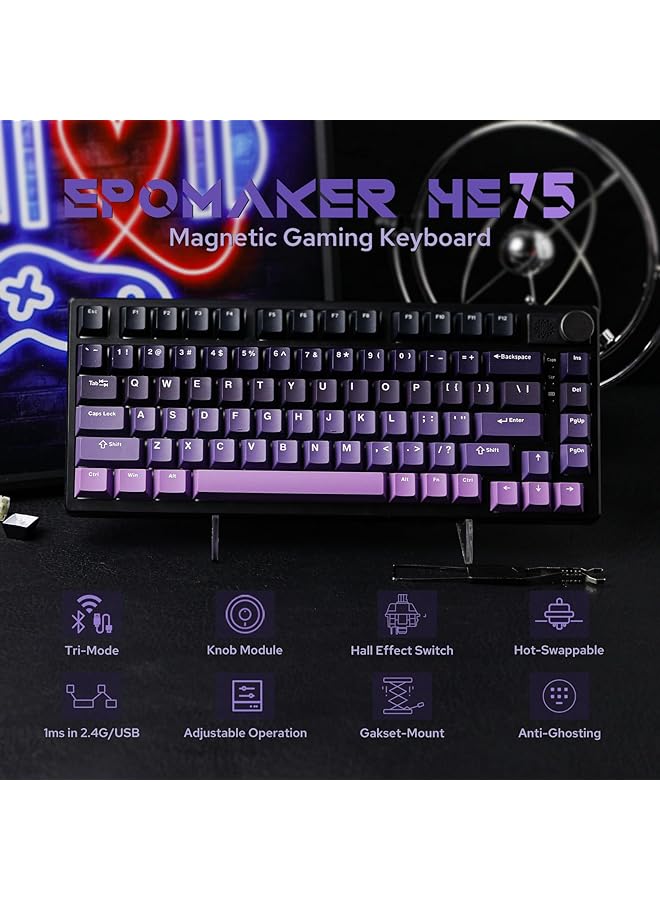EPOMAKER He75 Mag Wireless Gaming Keyboard With Hall Effect Switch And Changeable Knob Module Rapid Fast Magnetic With Adjustable Trigger 2.4G/Bluetooth Rgb Backlit (Black Purple) - Image 2