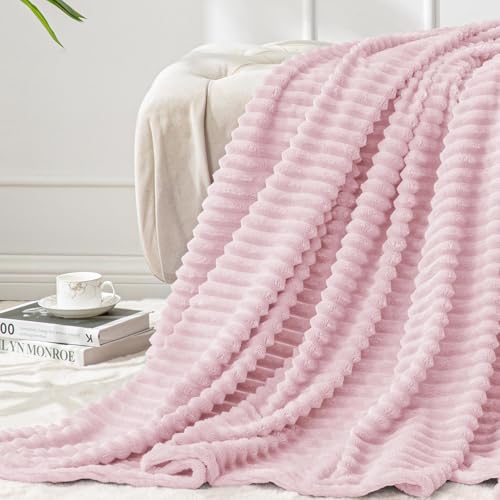 BEDELITE Fleece Blanket Twin Size 3D Ribbed Jacquard Soft and Warm Decorative Fuzzy Blankets Cozy Fluffy Plush Lightweight Throw Blankets for Couch Bed SofaCherry Blossom 60x80 inches - Image 1