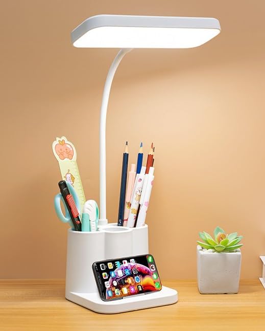 Rylan Acrylonitrile Butadiene Styrene 3 Color Table Lamp Rechargeable for Study with Phone Holder Flexible Arm LED Touch Light with Stepless Dimming Desk Lamps with Pen Holder White - Image 1
