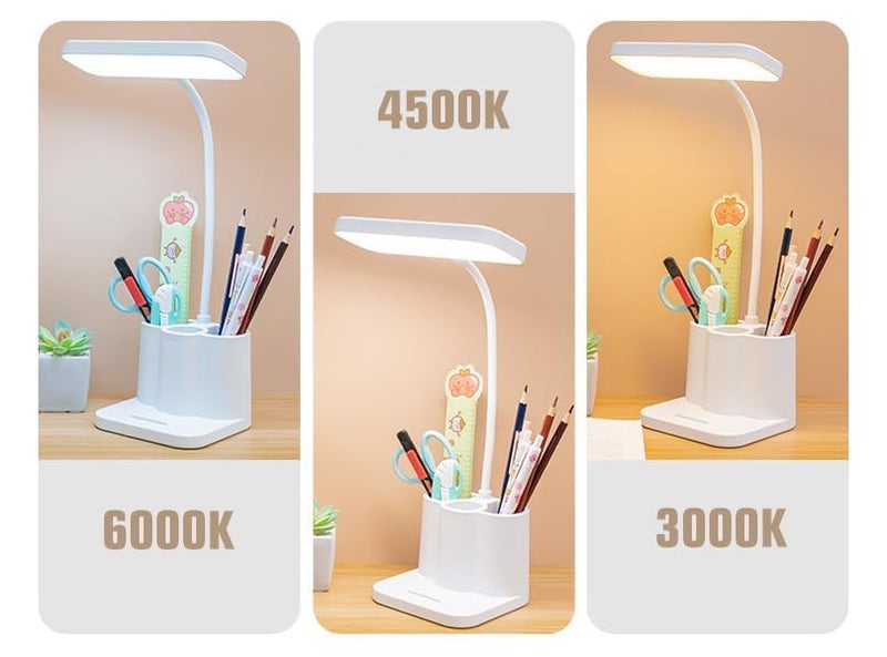 Rylan Acrylonitrile Butadiene Styrene 3 Color Table Lamp Rechargeable for Study with Phone Holder Flexible Arm LED Touch Light with Stepless Dimming Desk Lamps with Pen Holder White - Image 2