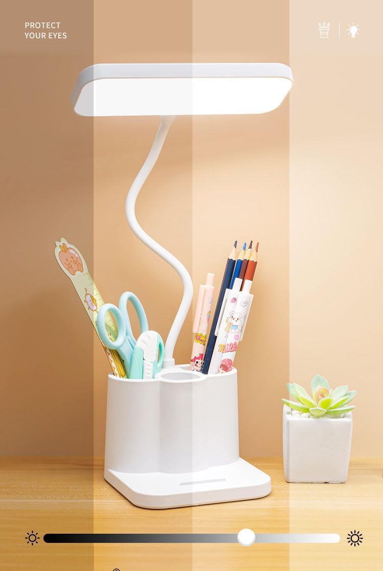 Rylan Acrylonitrile Butadiene Styrene 3 Color Table Lamp Rechargeable for Study with Phone Holder Flexible Arm LED Touch Light with Stepless Dimming Desk Lamps with Pen Holder White - Image 3